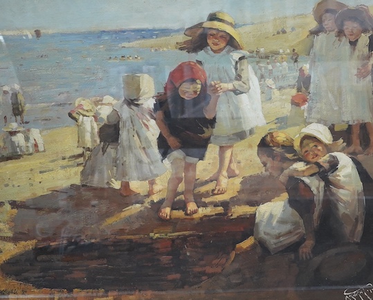 After Dame Laura Knight DBE RA RWS (1877-1970), oil on canvas, Children on the beach, 49 x 59cm. Condition - fair